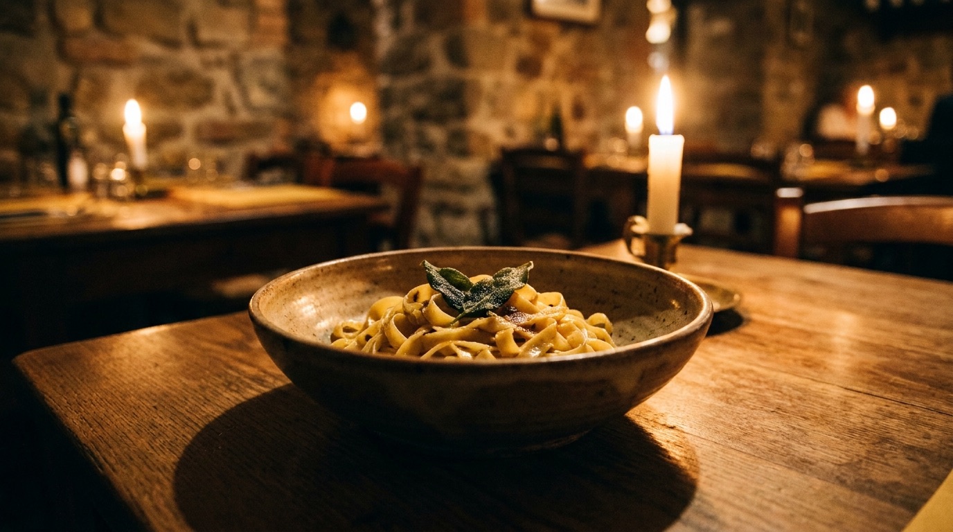 A candlelit table set for dinner at Osteria Lume